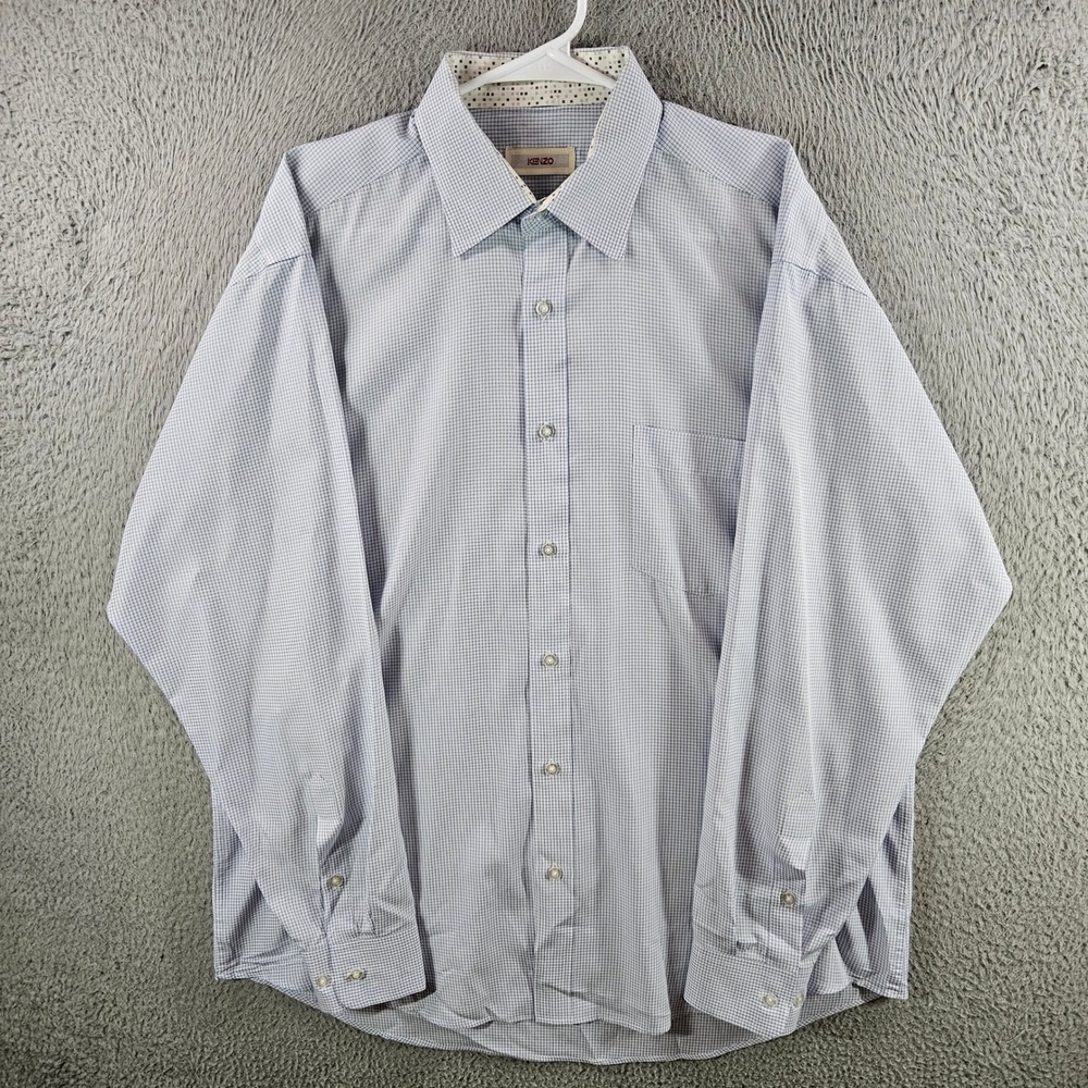Kenzo Mens Blue White Micro Check Cotton Long Sleeve Button Down Shirt Size XL